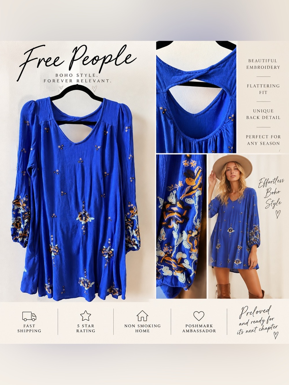 Free People Cobalt Blue Embroidered Boho Dress